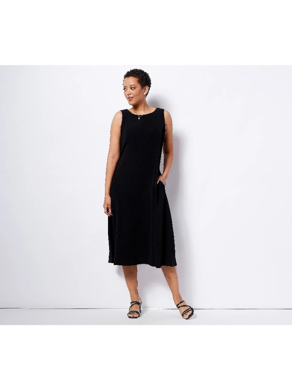 Susan Graver Every Day Midi Dress XS Petite Liquid Knit Solid Black Cocktail NEW